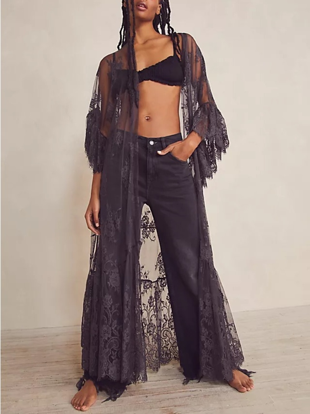 Free people Muche Et Muchette Black Floral Lace Kimono Barbara Tiered Lace Robe